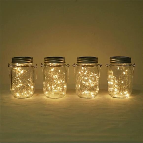 Solar Mason Jar Lights, 4 Pack 30 LED Fairy Star Firefly String Lids Lights - Picture 1 of 8